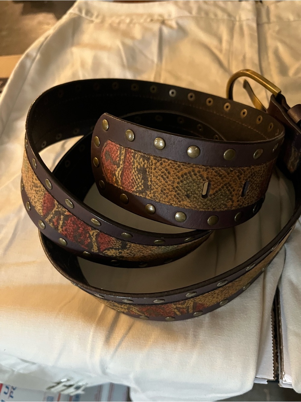 Avenue Brown Snakeskin-Print Faux Leather Belt with Brass Studs